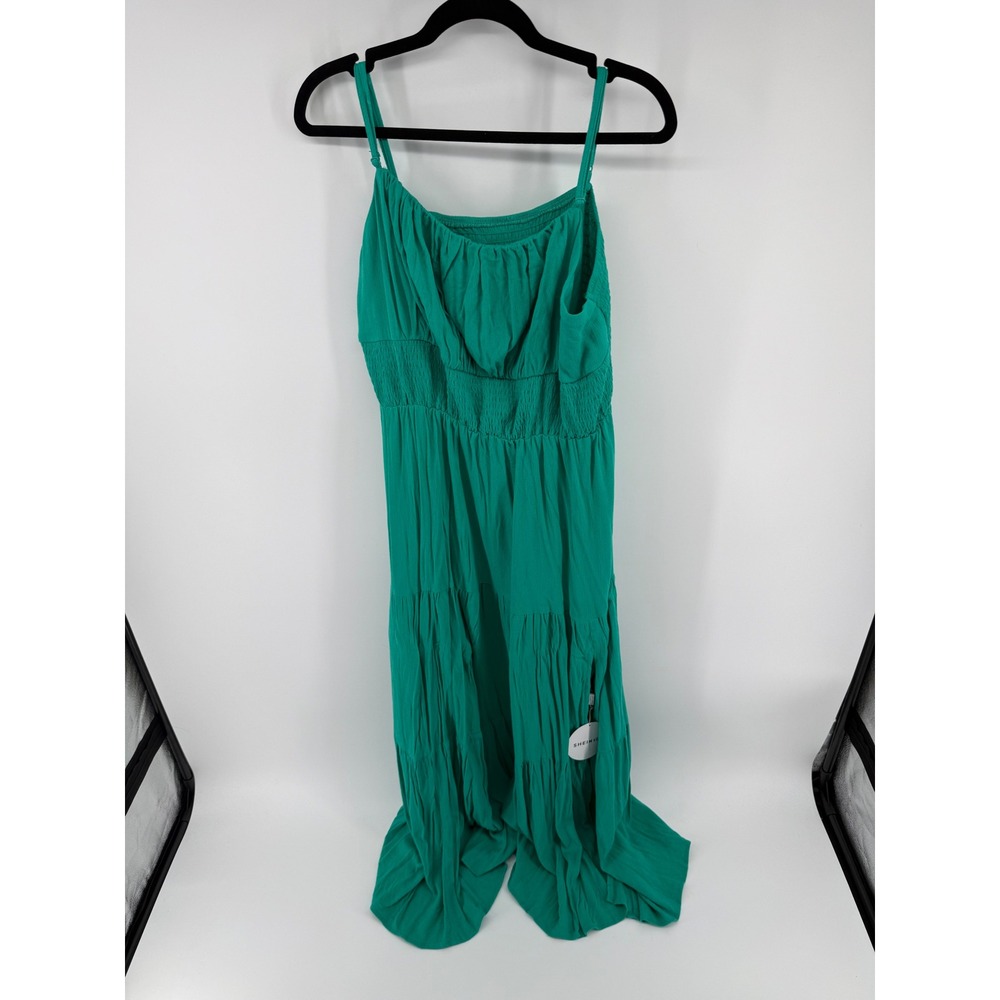 SHEIN Curve Green Smocked Tiered Maxi Dress Sleeveless Boho VCAY 2XL NEW